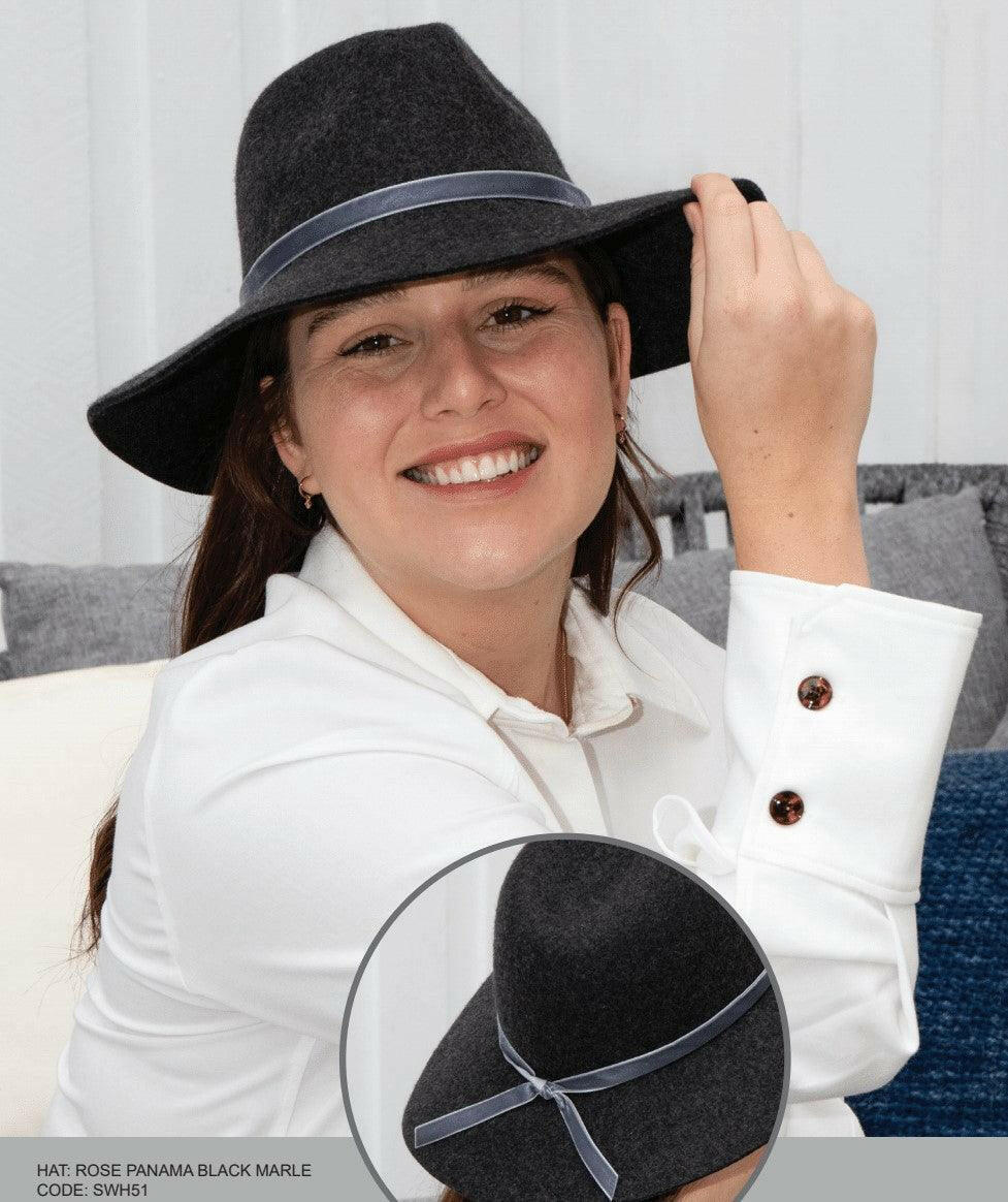 Sundaise SWH51 Rose 100% Wool Felt Panama Hat - Black Marle.