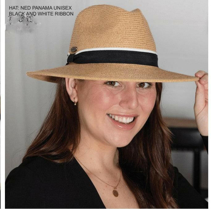 Sundaise SH476 Ned Panama Hat - Natural with Black & White Ribbon.