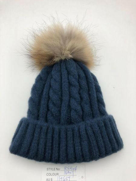 Cable Knit Wool Beanie with Real Fur Pom Pom.