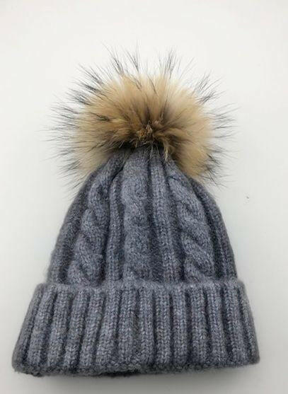 Cable Knit Wool Beanie with Real Fur Pom Pom.