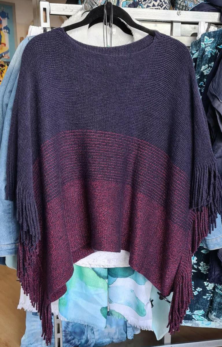 Cashmere Wrap Fringed Red and  Navy Super Soft Poncho.