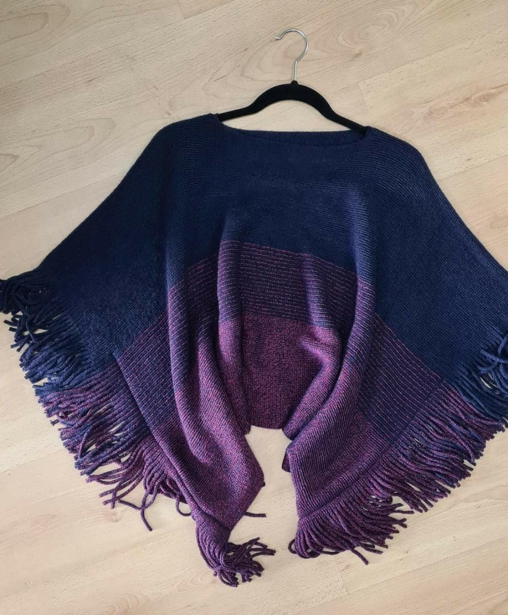 Cashmere Wrap Fringed Red and  Navy Super Soft Poncho.