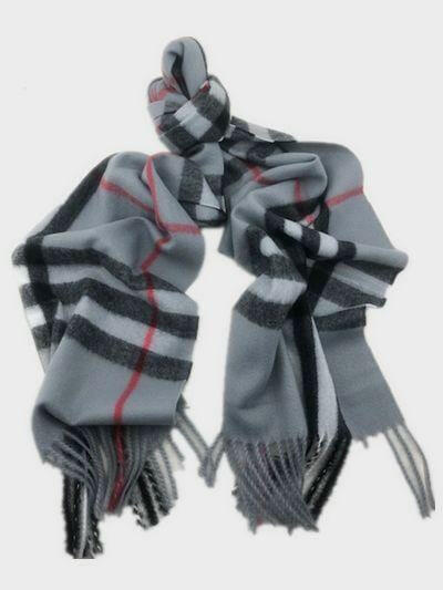 Burberry Look Plaid Wool Blend Very Soft Fringe Scarf Grey.