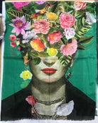 Zura Frida Kahlo 100% Cotton Scarf - Green Flowers.