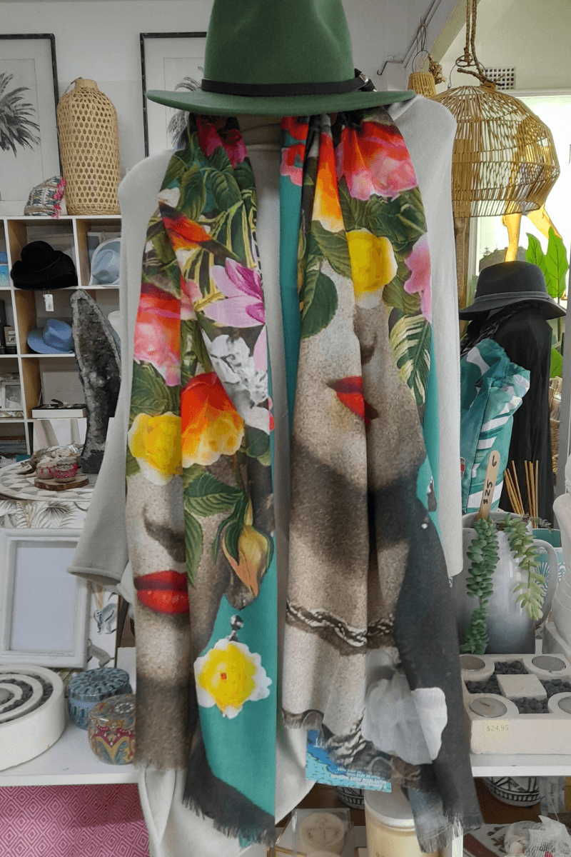 Zura Frida Kahlo 100% Cotton Scarf - Green Flowers.